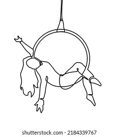 Continuous one line drawing a female acrobat performs on the trapeze with her legs hanging and head down while swinging her hand. Brave and agile. Single line draw design vector graphic illustration.