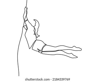 Continuous one line drawing a female acrobat performs on the trapeze with her legs hanging and head down while swinging her hand. Brave and agile. Single line draw design vector graphic illustration.