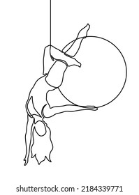 Continuous one line drawing a female acrobat performs on the trapeze with her legs hanging and head down while swinging her hand. Brave and agile. Single line draw design vector graphic illustration.