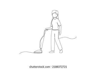 Continuous one line drawing Female janitor cleaning floor with vacuum cleaner in room. Office cleaning services concept. Single line draw design vector graphic illustration.