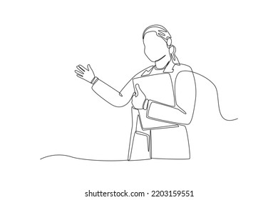 Continuous One Line Drawing Female Boss Presenting With Hand Gesture. Boss Move Concept. Single Line Draw Design Vector Graphic Illustration.