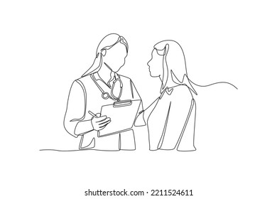 Continuous one line drawing Female Doctor explains medical record to girl patient. Doctor and Patient concept. Single line draw design vector graphic illustration.