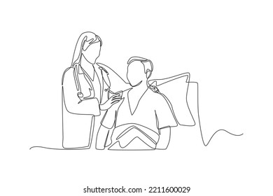 Continuous one line drawing Female Doctor taking care of suffering patient in hospital. Doctor and Patient concept. Single line draw design vector graphic illustration.