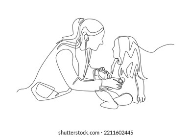 Continuous one line drawing female doctor examining a little girl by stethoscope. Doctor and Patient concept. Single line draw design vector graphic illustration.