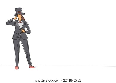 Continuous one line drawing female magician stands with call me gesture wearing hat and magic uniform performing tricks at circus show. Success job. Single line draw design vector graphic illustration