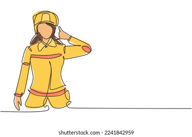 Continuous one line drawing female firefighter with uniform, call me gesture and wearing helmet prepare to put out the fire that burned building. Single line draw design vector graphic illustration