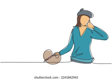 Continuous one line drawing female artist painter with call me gesture using painting tools such as brushes, canvas, watercolors in producing art. Single line draw design vector graphic illustration