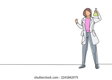 Continuous one line drawing female scientist stands with celebrate gesture and holding measuring tube filled with chemical liquid. Success business. Single line draw design vector graphic illustration