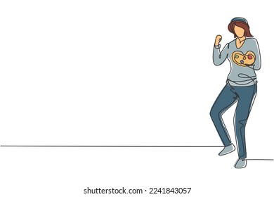 Continuous one line drawing female painter stands with celebrate gesture using a hat and painting tools to produce artwork in her workshop studio. Single line draw design vector graphic illustration