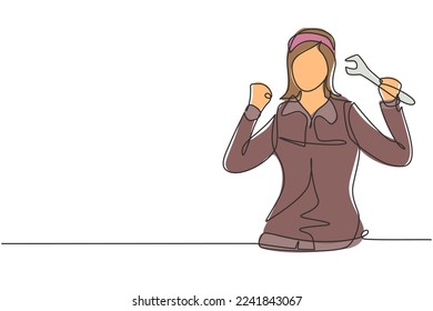 Una línea contínua dibujando mecánica femenina con gesto de celebración y trabajos con llave para arreglar el motor de coches rotos en el garaje. El negocio del éxito. ilustración vectorial de diseño de línea única