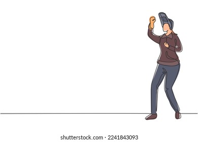 Continuous one line drawing female welder stands with celebrate gesture and face shield is removed ready to work in iron workshop. Success business. Single line draw design vector graphic illustration