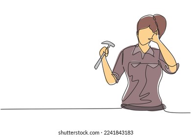 Continuous one line drawing female carpenter with call me gesture works in her workshop making wooden products. Skills in using carpentry tools. Single line draw design vector graphic illustration