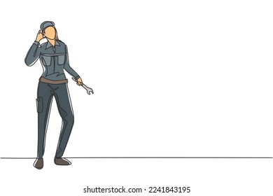 Continuous one line drawing female mechanic stands up with call me gesture and holding wrench to perform maintenance on vehicle engine. Success job. Single line draw design vector graphic illustration