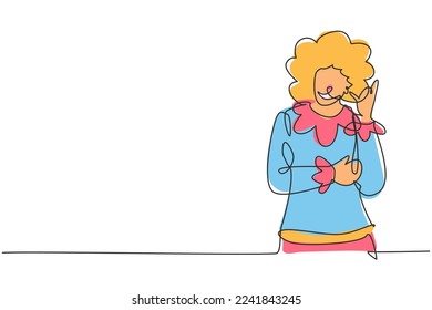 Continuous one line drawing female clown with call me gesture, wearing wig and smiling face makeup, entertaining kids at birthday party. Good show. Single line draw design vector graphic illustration