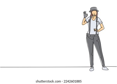 Continuous one line drawing female mime artist stands with gesture okay and white face make-up makes audience laugh with silent comedy. Great show. Single line draw design vector graphic illustration