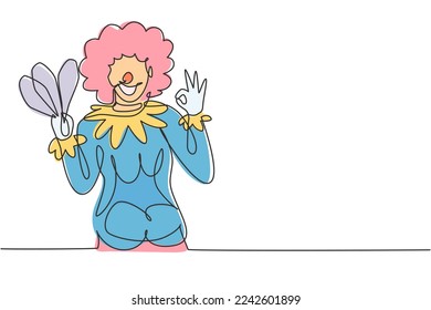 Continuous one line drawing female clown with gesture okay, wearing wig and smiling face makeup, entertaining kids at birthday party. Good perform. Single line draw design vector graphic illustration