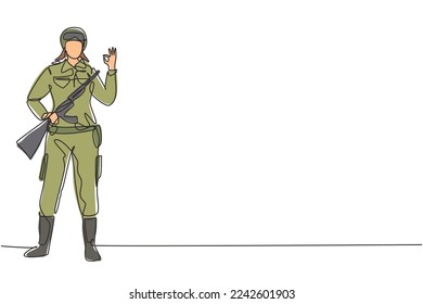 Continuous one line drawing female soldiers stands with weapon, full uniform, and gesture okay serving the country with strength of military forces. Single line draw design vector graphic illustration