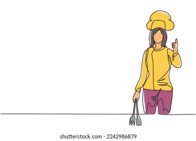 Continuous one line drawing female chef with thumbs-up gesture, cooking uniform and hat, ready to cook meals for guests at famous restaurants. Single line draw design vector graphic illustration