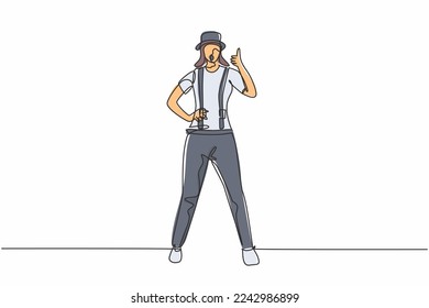 Continuous one line drawing female mime artist stands with a thumbs-up gesture and white face make-up makes audience laugh with silent comedy. Single line draw design vector graphic illustration