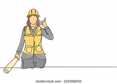 Continuous one line drawing female architect with a gesture of raising his thumb and wearing a helmet carried a building construction drawing paper. Single line draw design vector graphic illustration