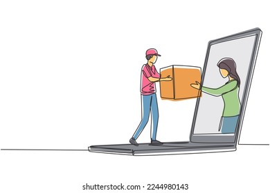 Continuous one line drawing female customer receives boxed package, through laptop screen from male courier. Online delivery service concept. Single line draw design vector graphic illustration