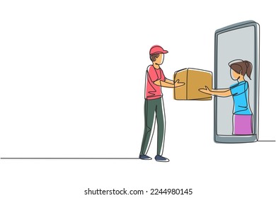 El cliente hembra que sigue dibujando una línea recibe el paquete en caja, a través de la pantalla del smartphone de la mensajera masculina. Concepto de servicio de entrega en línea. ilustración vectorial de diseño de línea única