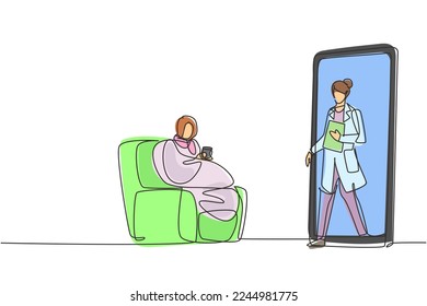 Continuous one line drawing female patient sitting curled up on sofa, using blanket, holding mug and there is female doctor walking out of smartphone, holding clipboard. Single line draw design vector