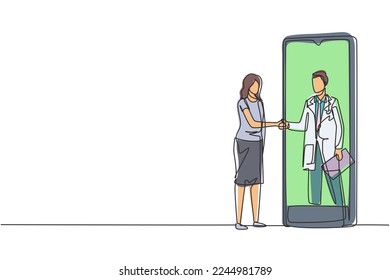 Continuous one line drawing female patient shaking hands with male doctor in smartphone holding clipboard. Online medical consultation concept. Single line draw design vector graphic illustration