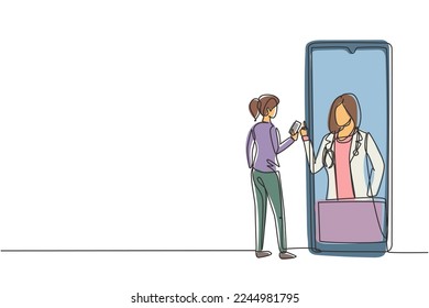 Kontinuierlich eine Linie zeichnen weibliche Patientin, die Smartphone steht gegenüber gigantischen Smartphone und konsultieren weibliche Ärztin. Ärztliches Online-Konzept. Vektorgrafik-Illustration mit Einzelzeilenzeichnung