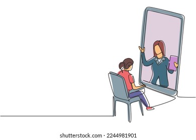 Continuous one line drawing female student sitting studying staring at smartphone screen and inside laptop there is female lecturer who is teaching. Single line draw design vector graphic illustration