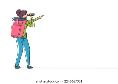 Continuous one line drawing female adventurer carrying backpack while looking through binoculars. Exploration of mountainous or hilly landscapes. Single line draw design vector graphic illustration