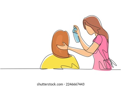 Continuous one line drawing female hairdresser styling customers hair at salon. Woman barber beautician. Hairstylist or hair style beauty concept. Single line draw design vector graphic illustration