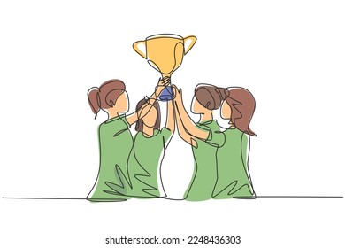 Continuous one line drawing female athlete team in sports jersey holding golden trophy together. Celebrating victory of international championship. Single line draw design vector graphic illustration