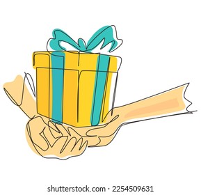 Continuous one line drawing female hands holding beautiful small gift wrapped with ribbon. Romantic surprise. Birthday presents cardboard box with ribbon. Single line draw design vector illustration