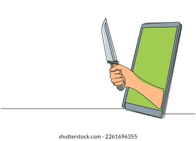 Continuous one line drawing female hand hold kitchen knife through mobile phone. Concept of mobile cooking games, entertainment application for smartphones. Single line draw design vector illustration