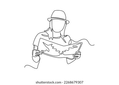 Continuous one line drawing female traveler reading city map. Travel experience concept. Single line draw design vector graphic illustration.