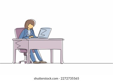 Kontinuierliche Zeichnung weiblicher Werke im Amt. Frau arbeitet, tippt und sendet Nachrichten. Arbeit, Tisch, Computer flach Vektorgrafik. Arbeitsplatz- und Kommunikationskonzept. Grafikkarte mit Einzelzeilenzeichnung