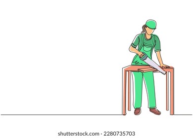 Plano continuo de una línea de dibujo femenino de la construcción o de tablas de serrería de la reparadora de carpinteros. Servicios de construcción, reparación. Concepto de negocio. ilustración vectorial de diseño de línea única