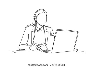 Continuous one line drawing female employee provide the best service to online customers. Business activities concept. Single line draw design vector graphic illustration.