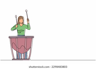 Continuous one line drawing female percussion player play on timpani. Woman performer holding stick and playing musical instrument. Musical instrument timpani. Single line draw design vector graphic
