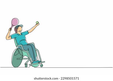 Continuous one line drawing female athlete with disability playing tennis sitting in wheelchair.  sportswoman holding racket and serve the ball. Single line graphic design vector illustration