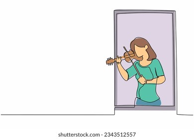 Continuous one line drawing female musician standing near window and playing violin. Young woman staying at home in self quarantine due to pandemic. Single line draw design vector graphic illustration