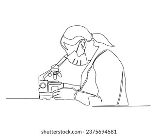 Kontinuierliche Zeichnung von Wissenschaftlerinnen, die mit Mikroskop arbeiten. Illustration von Forschungs- und Wissenschaftskonzepten. Bearbeitbarer Strich. 	