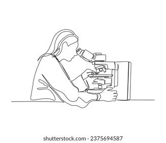 Continuous one line drawing of female scientist working using microscope. Research and science concept illustration. Editable stroke. 	