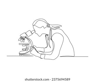 Continuous one line drawing of female scientist working using microscope. Research and science concept illustration. Editable stroke. 	