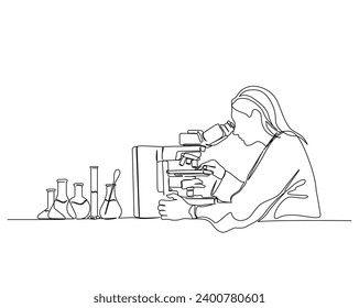 Continuous one line drawing of female scientist working using microscope. Research and science concept illustration. Editable stroke. 	