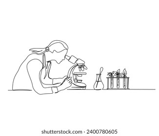 Continuous one line drawing of female scientist working using microscope. Research and science concept- line art. Editable stroke. 	