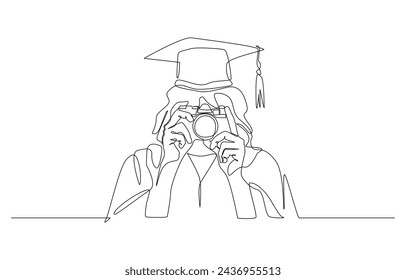 Continuous one line drawing of female graduated student taking photo with camera, single line art.