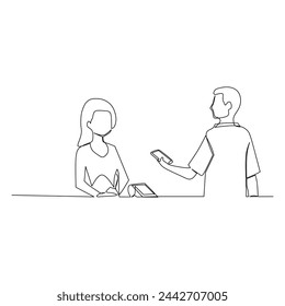 Continuous one line drawing of a A female cashier serves male buyers who use credit cards. Contactless payment concept. Technology in business and finance illustration vector