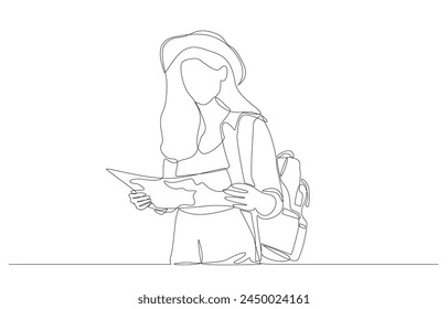 Continuous one line drawing of female tourist backpacker reading map, self-guided tour concept, single line art.